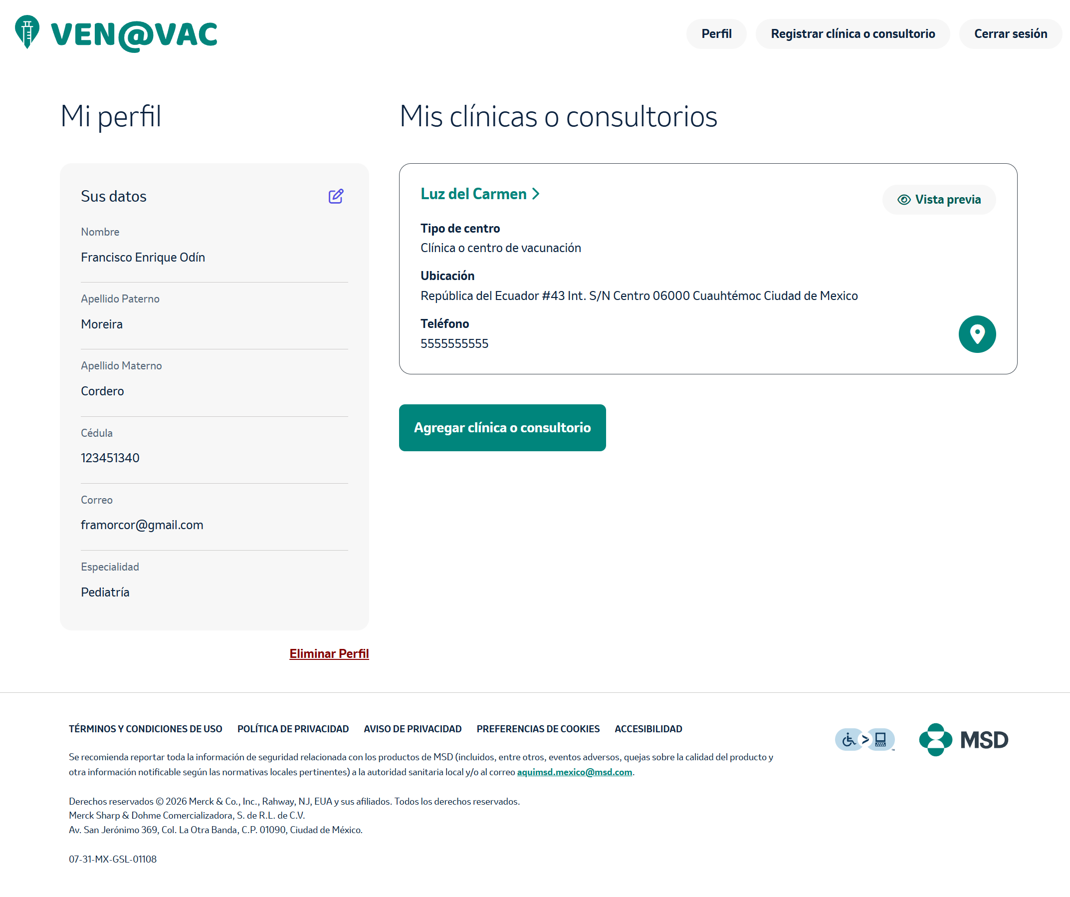 Perfil con clínica en proceso de edición