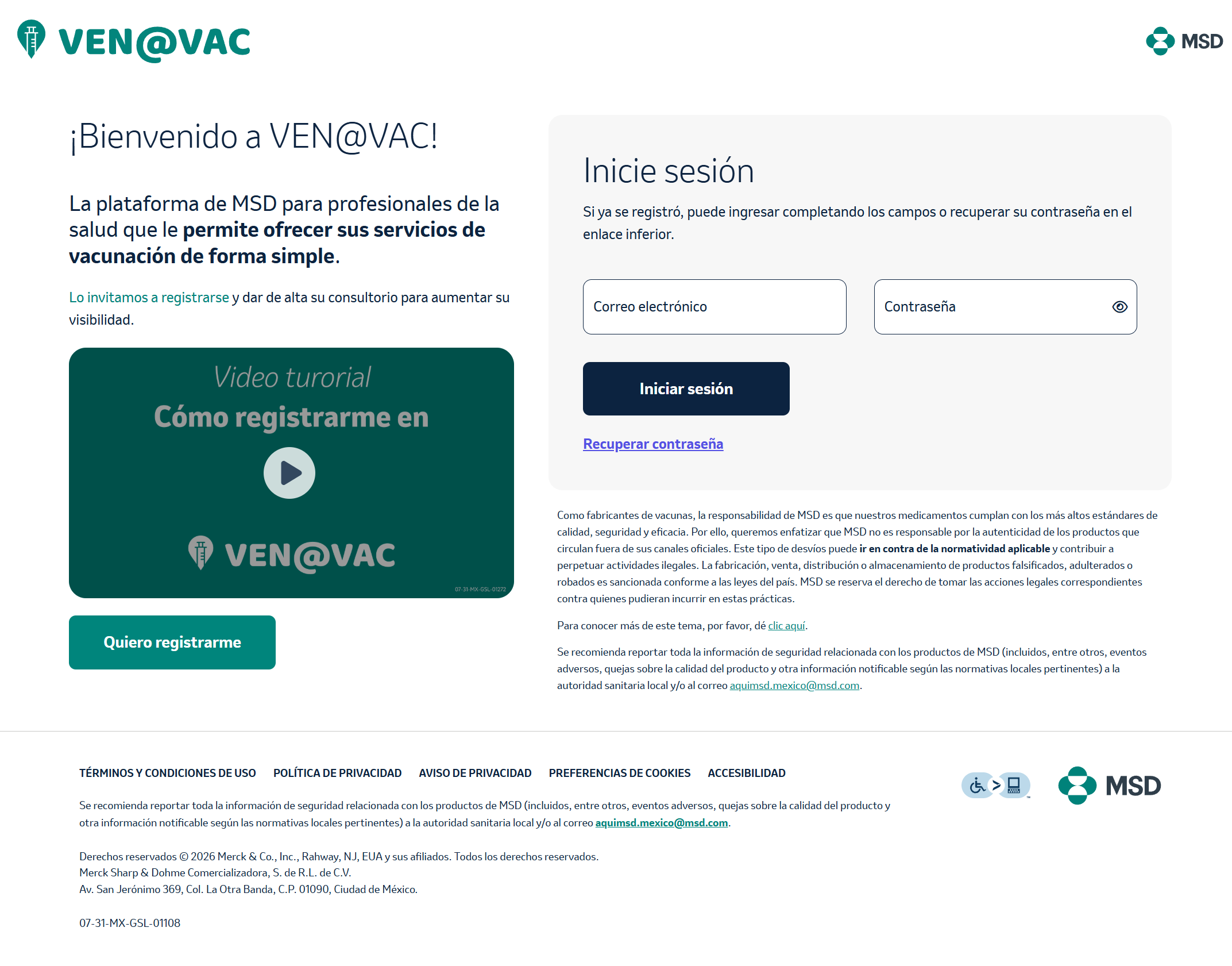 Formulario de login con enlace de recuperación