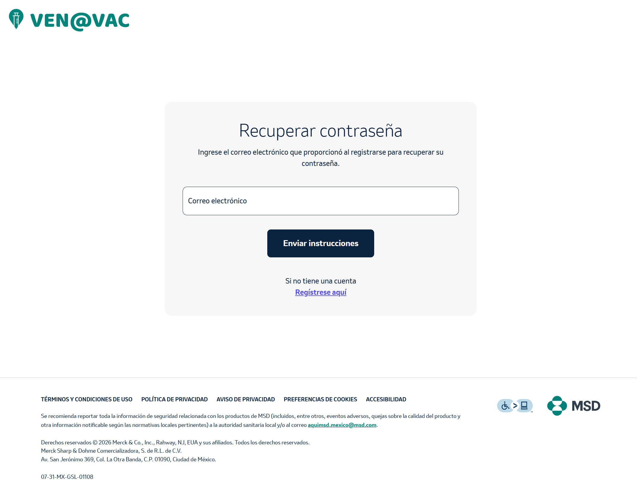Pantalla de recuperación de contraseña