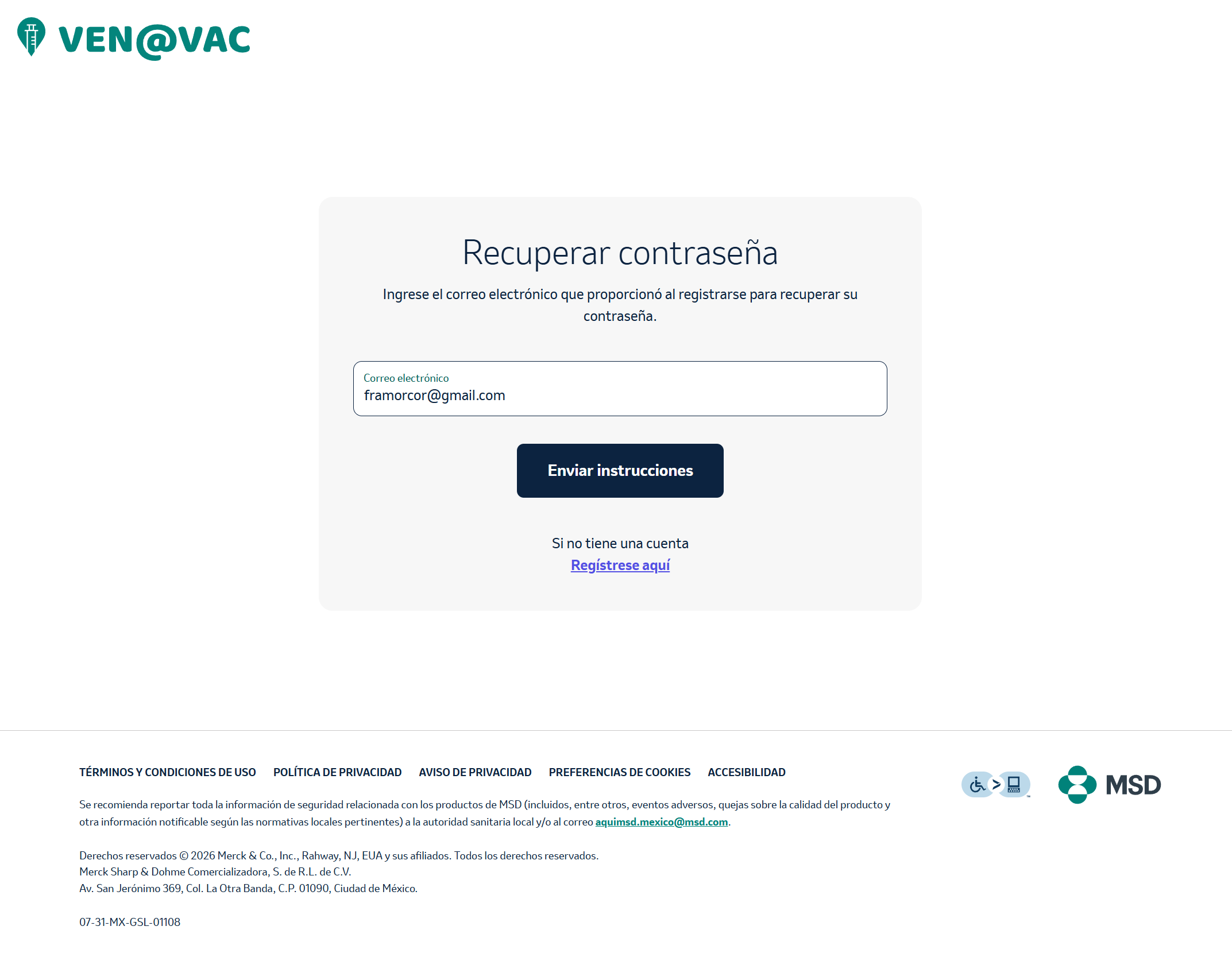 Campo de correo para recuperación
