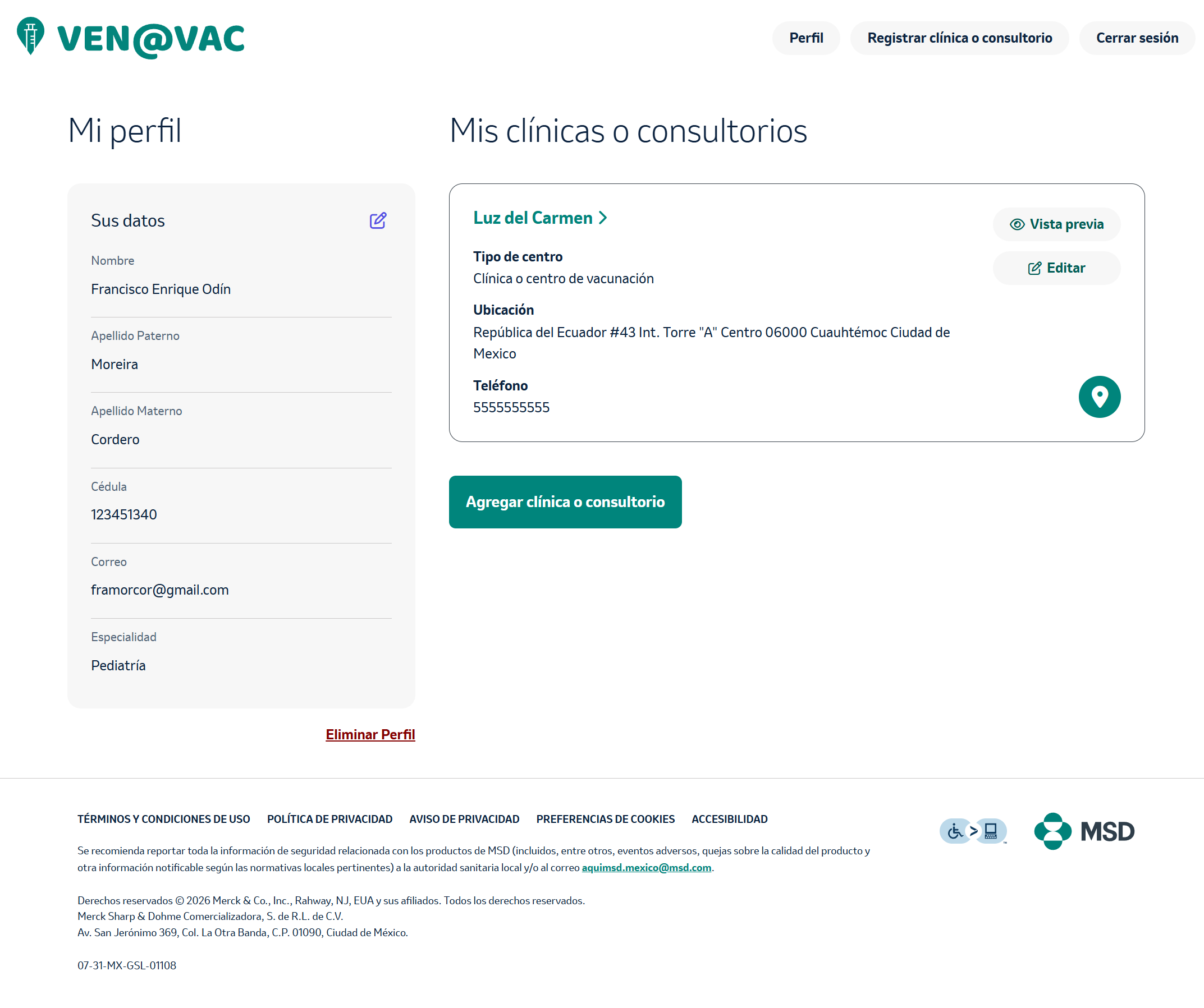 Perfil con opción eliminar cuenta